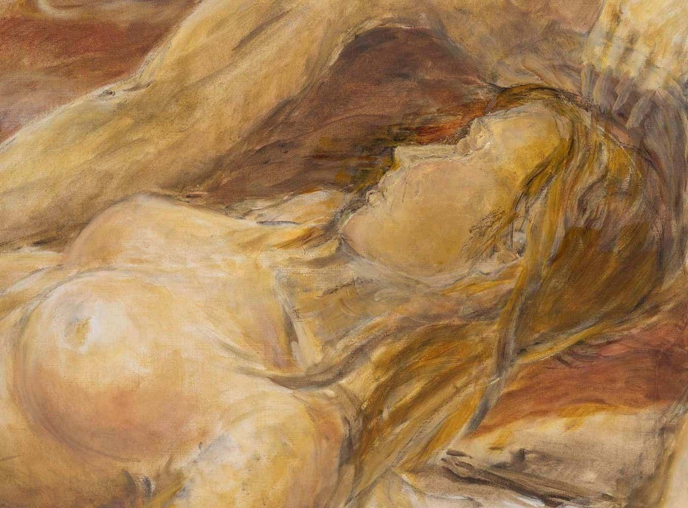Oil Painting On Canvas By Evelyne Luez, Depicting A Man And A Woman Lying Down. photo for sale