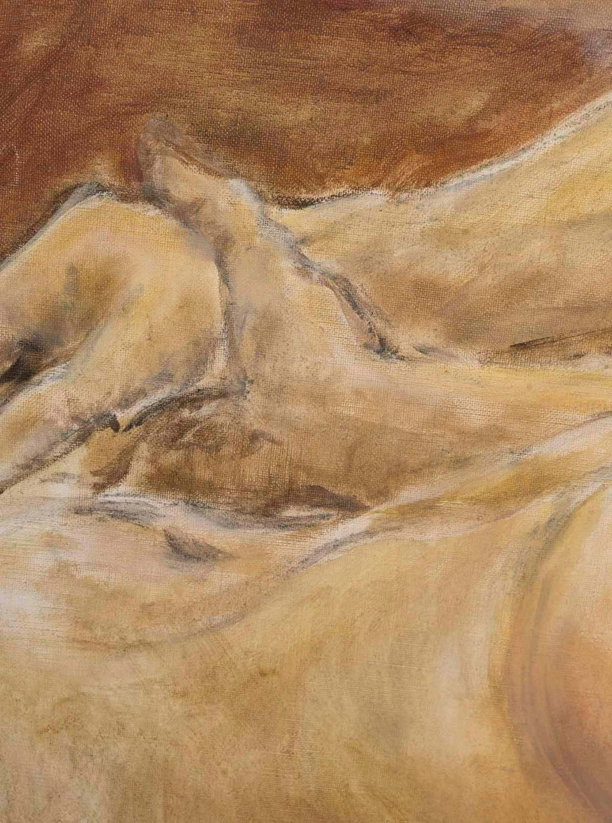 Oil Painting On Canvas By Evelyne Luez, Depicting A Man And A Woman Lying Down. photo vinterior