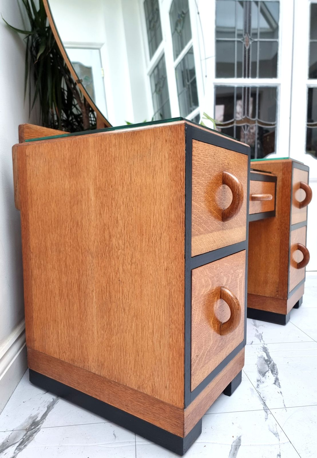 Art Deco Golden Oak / Black Kneehole Dressing Table With Glasstop 1930s photo furniture