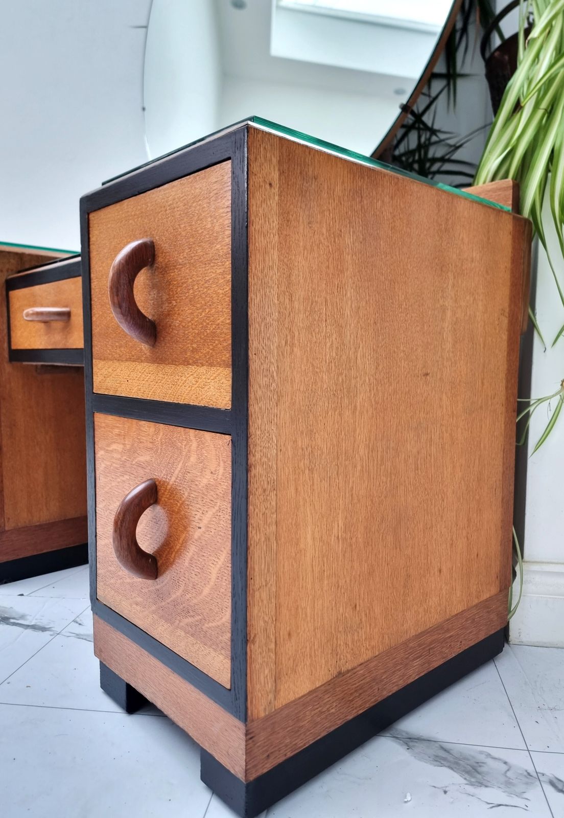 Art Deco Golden Oak / Black Kneehole Dressing Table With Glasstop 1930s photo Furniture