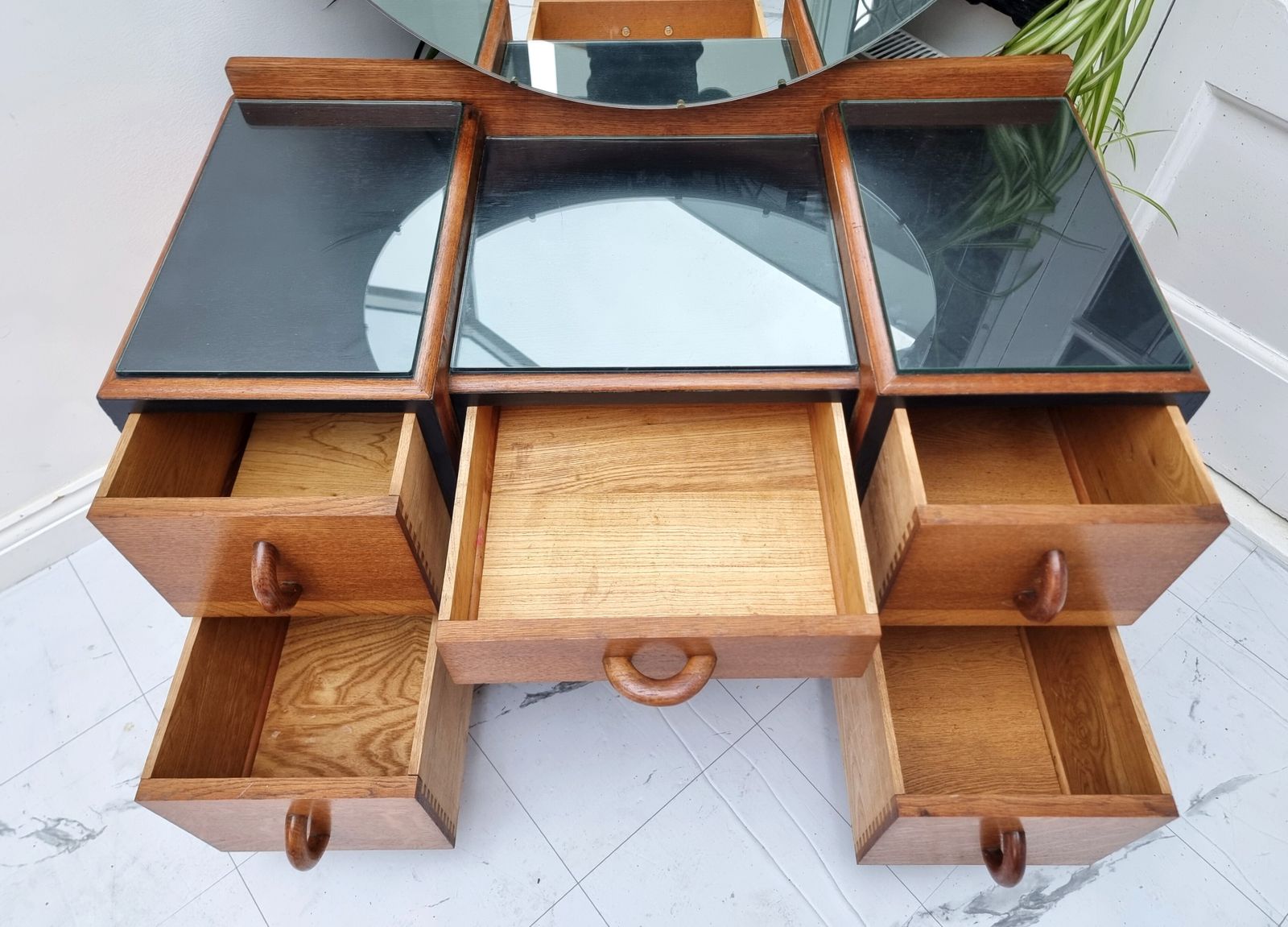 Art Deco Golden Oak / Black Kneehole Dressing Table With Glasstop 1930s photo buy