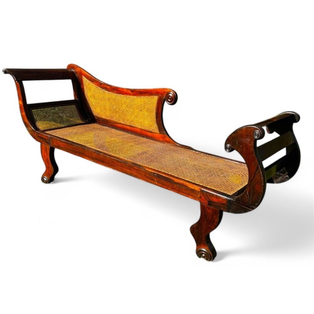19th Century Solid Rio Rosewood Chaise Lounge With Cane Seating photo Furniture