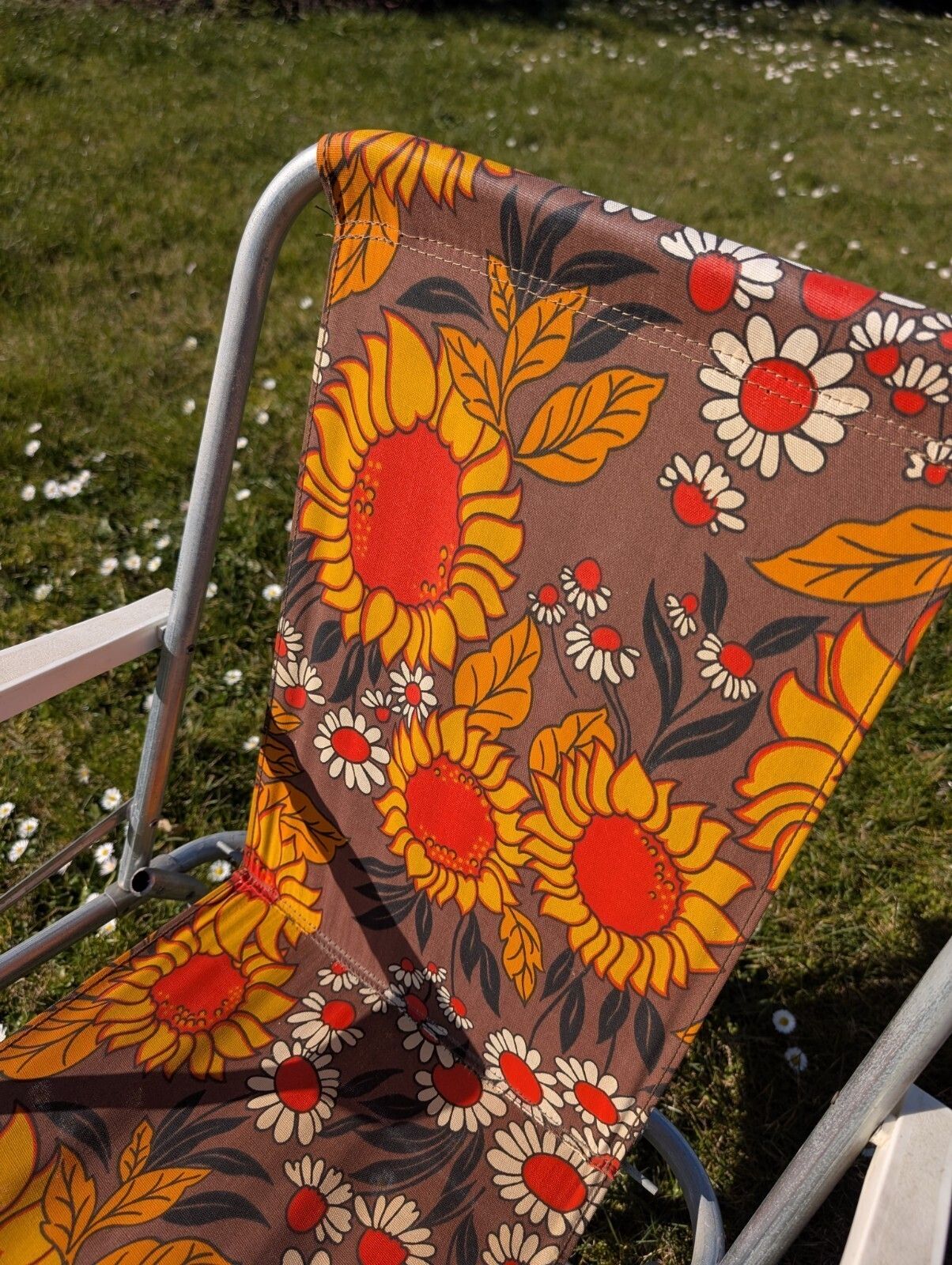 photo for sale Vintage Retro Flower Power Sun Lounger & Chair Set Orange Floral Print 1970s.