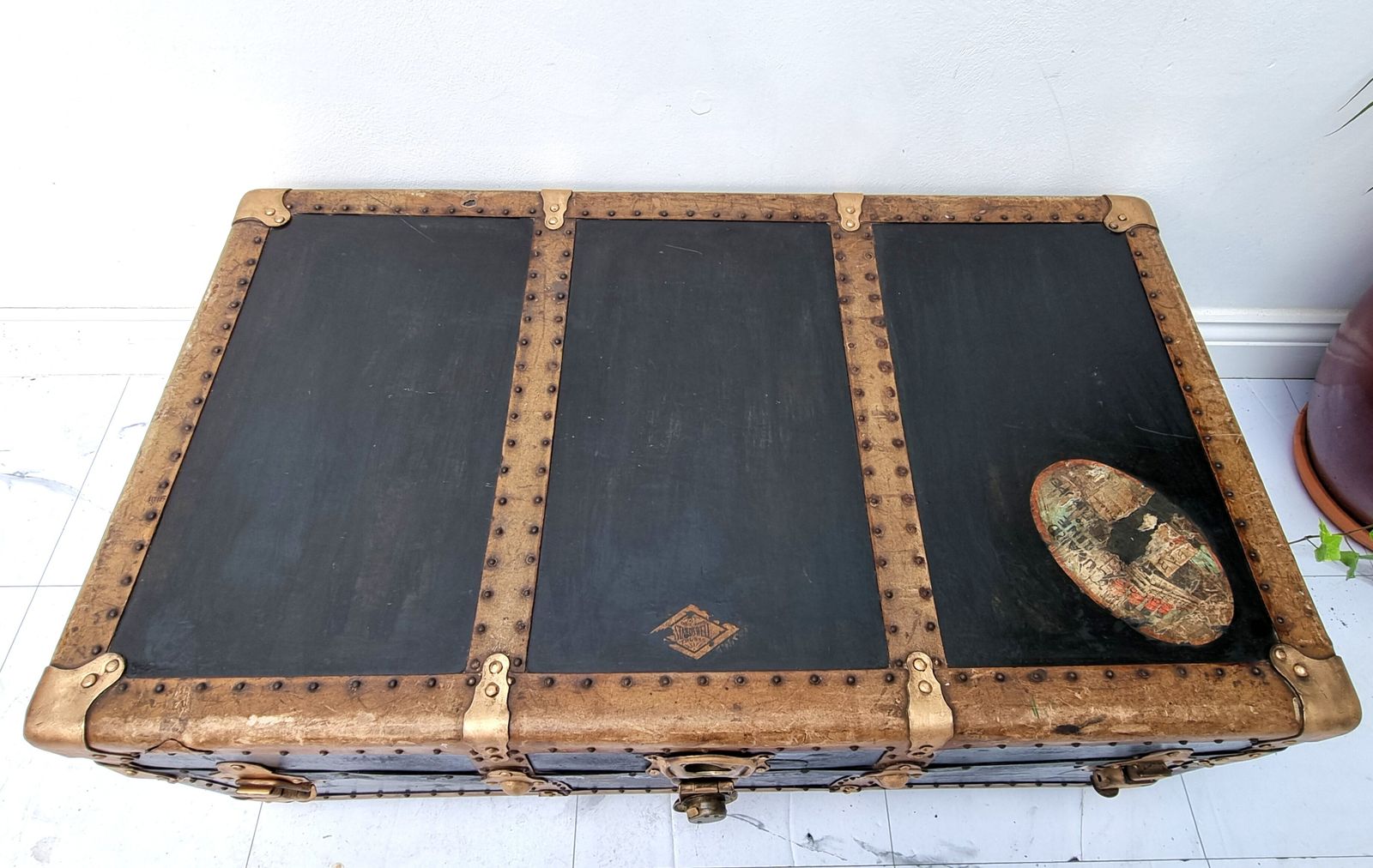 Antique Fitted Travel Steamer Cabin Trunk American Standswell/Perkiomen 1910s photo for sale