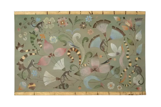 Painted Canvas Decorated With Lemurs, Birds, And Flowers. Contemporary.