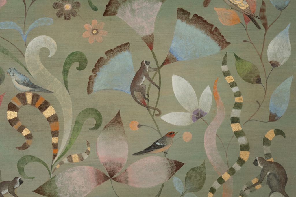 Painted Canvas Decorated With Lemurs, Birds, And Flowers. Contemporary. photo 2900.0