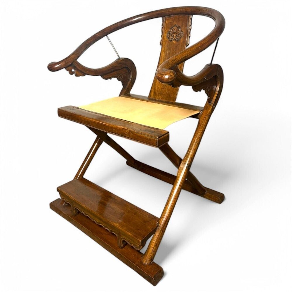 Antique Chinese Folding Horseshoe Back Throne Chair, 19th Century