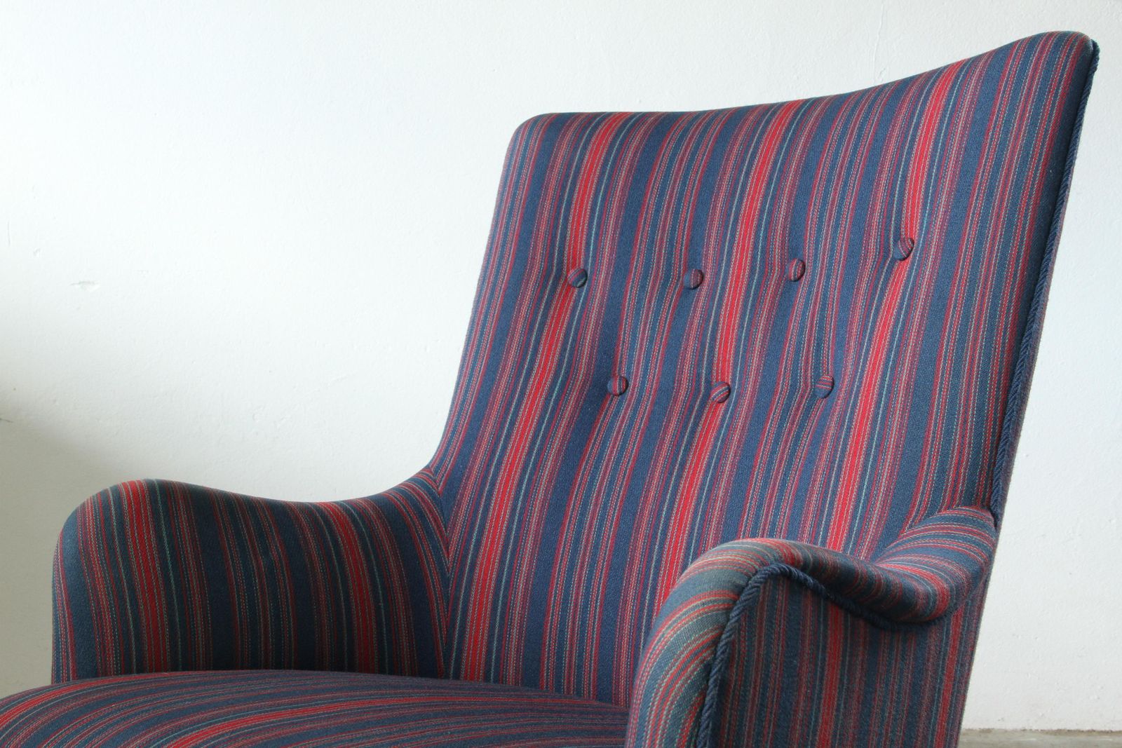 Vintage Mid Century Modern Wingback Armchair In Striped Upholstery, 1950s  1 photo for sale