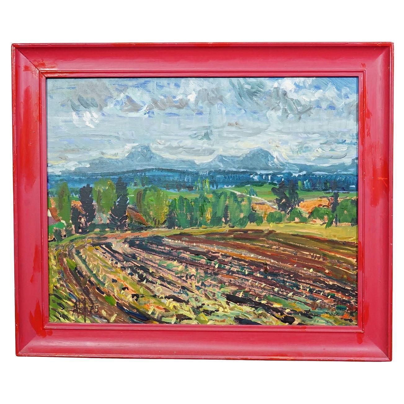 Alexander Michael Oil Painting Of A Landscape With Field, 1975