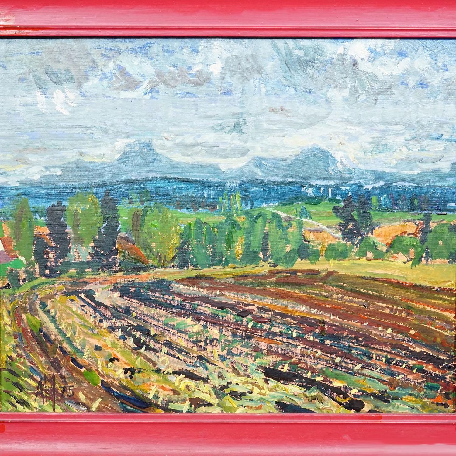 Alexander Michael, Olieverfschilderij Met Landschap En Akker, 1975 photo Kunst