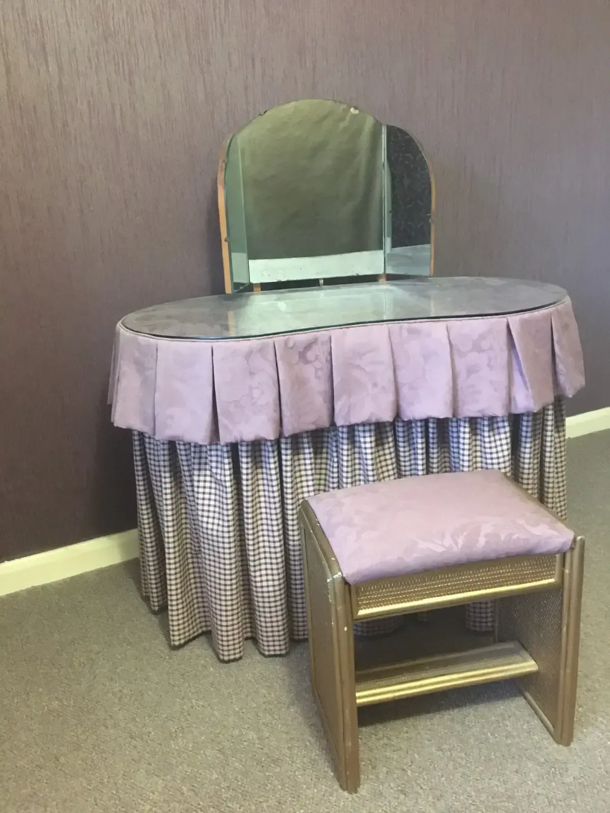 1930's Kidney Shaped Skirted Dressing Table W Trifold Mirror, Glass Top & Stool