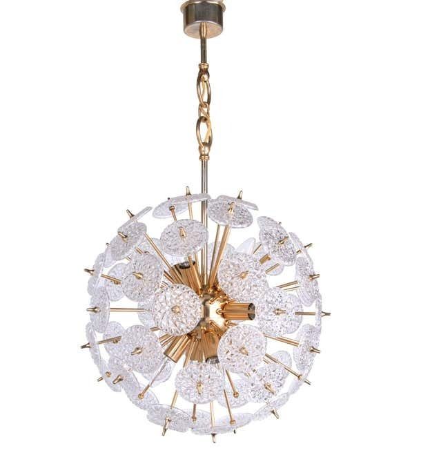 Modernist 20" Starburst Chandelier Glass & Brass By Val Saint Lambert 1960s photo furniture