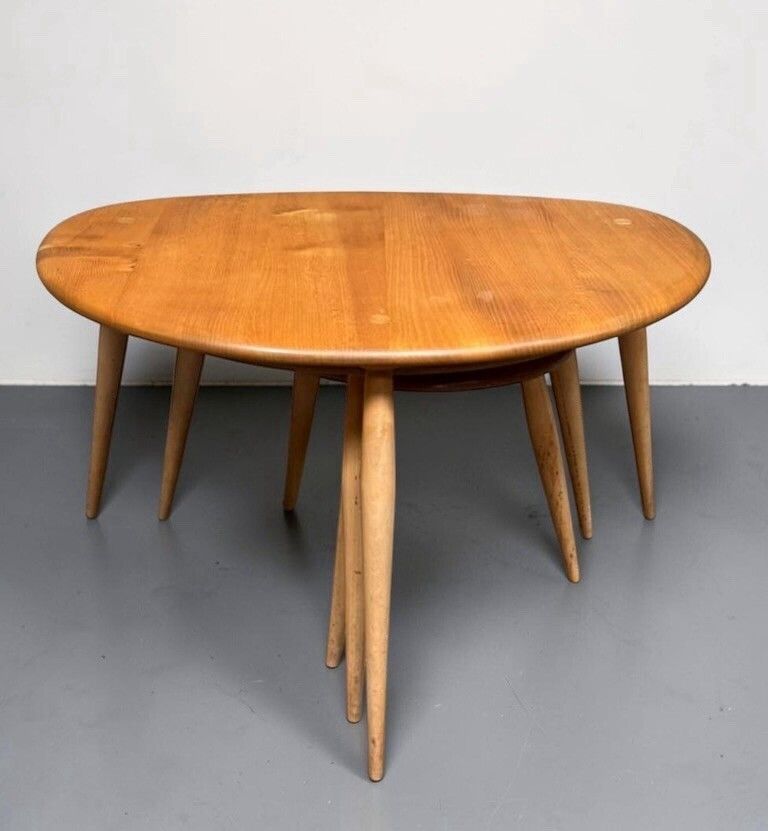 Ercol Solid Elm And Beech Blonde Nest Of Tables Pebble Nest Superior Quality photo furniture