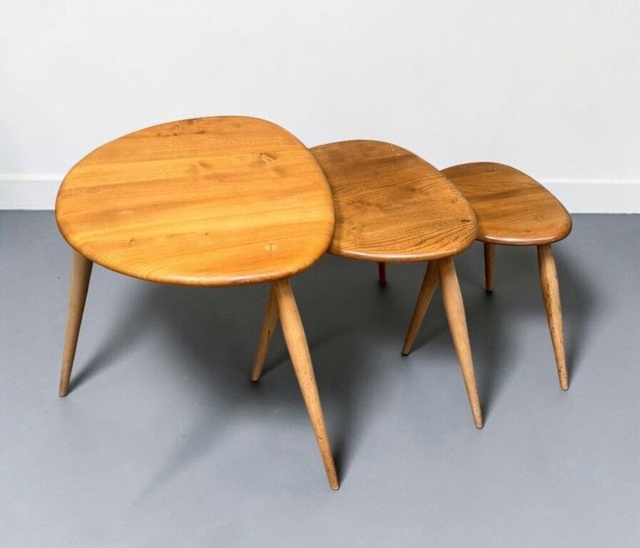 595.0 Ercol Solid Elm And Beech Blonde Nest Of Tables Pebble Nest Superior Quality photo