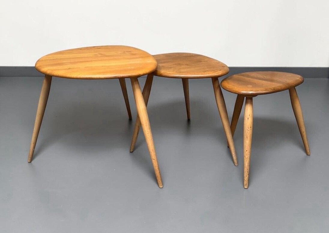 photo vinterior Ercol Solid Elm And Beech Blonde Nest Of Tables Pebble Nest Superior Quality