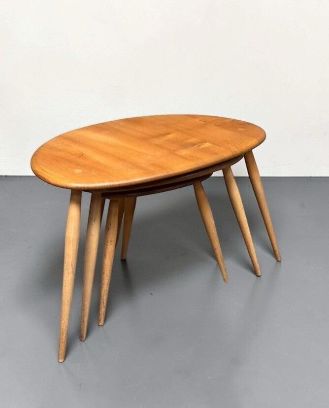 photo buy Ercol Solid Elm And Beech Blonde Nest Of Tables Pebble Nest Superior Quality
