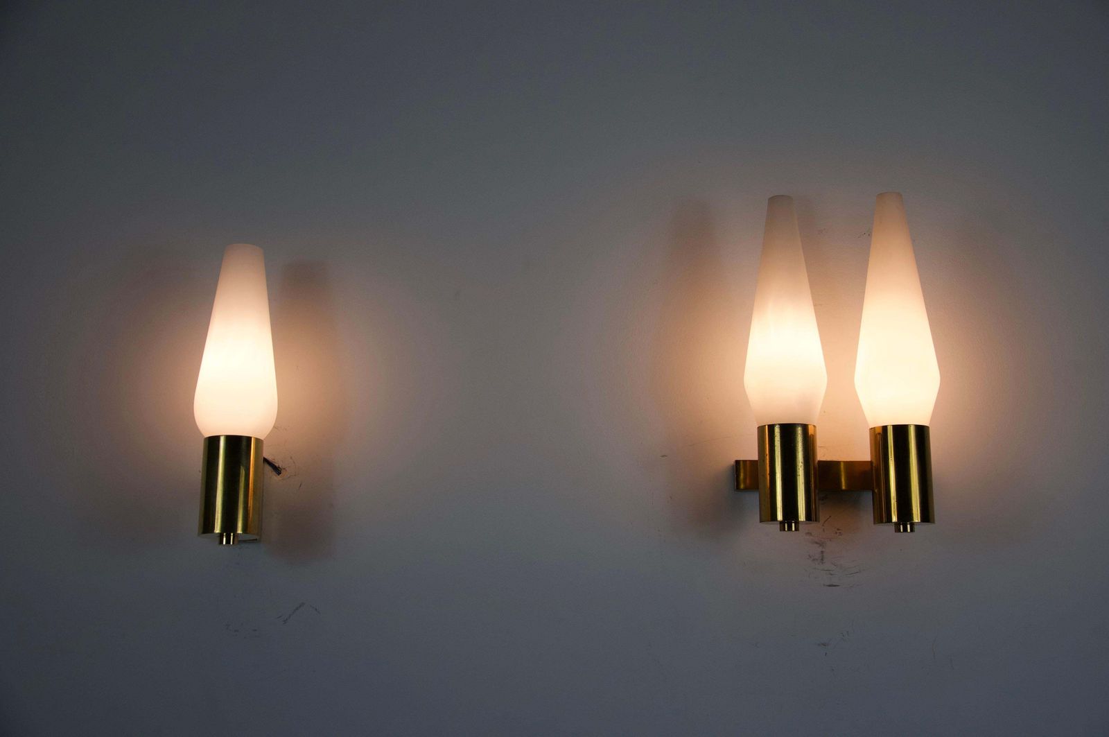 Pair Of Brass And Opaline Wall Lamps, Italy, 1960s photo furniture