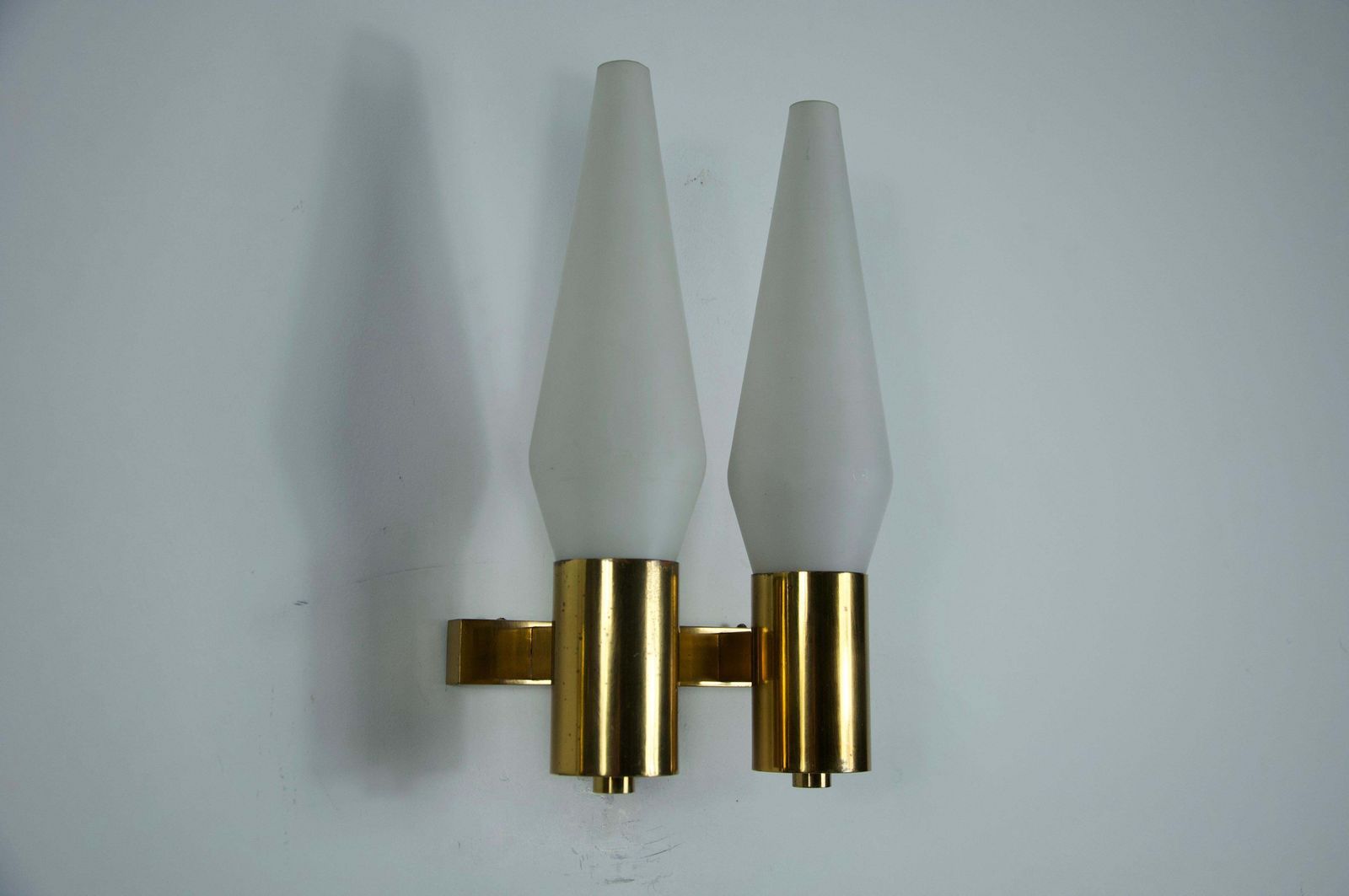 photo furniture Pair Of Brass And Opaline Wall Lamps, Italy, 1960s