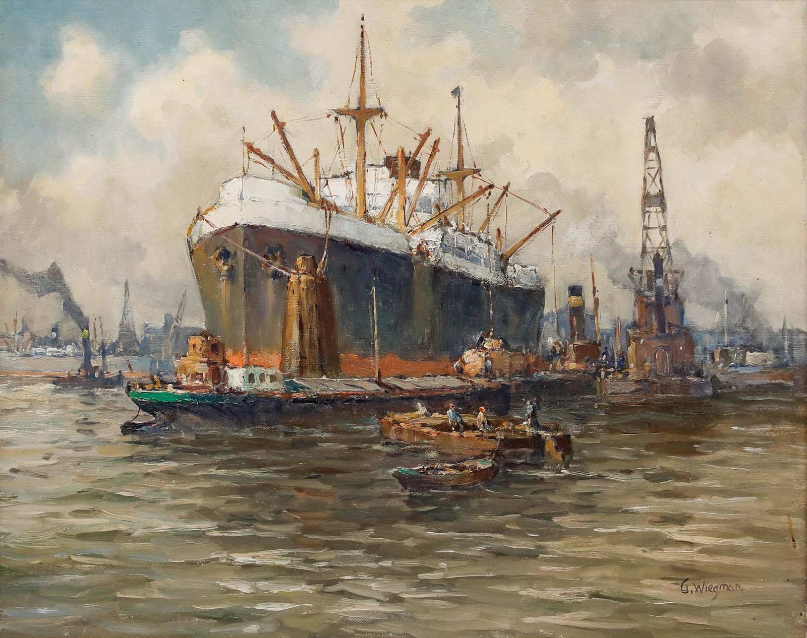 Gerard Wiegman (1875 1964)   Mid 20th Century Oil, Loading The Cargo Ship photo furniture