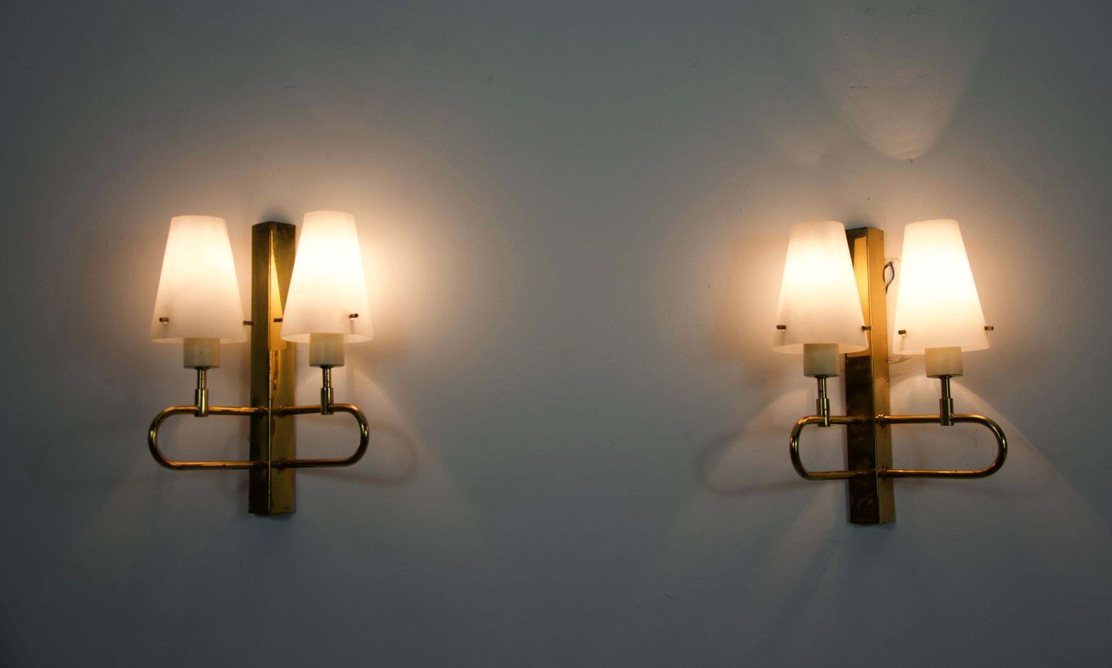 Pair Of Brass And Opaline Wall Lamps, Italy, 1960s photo furniture