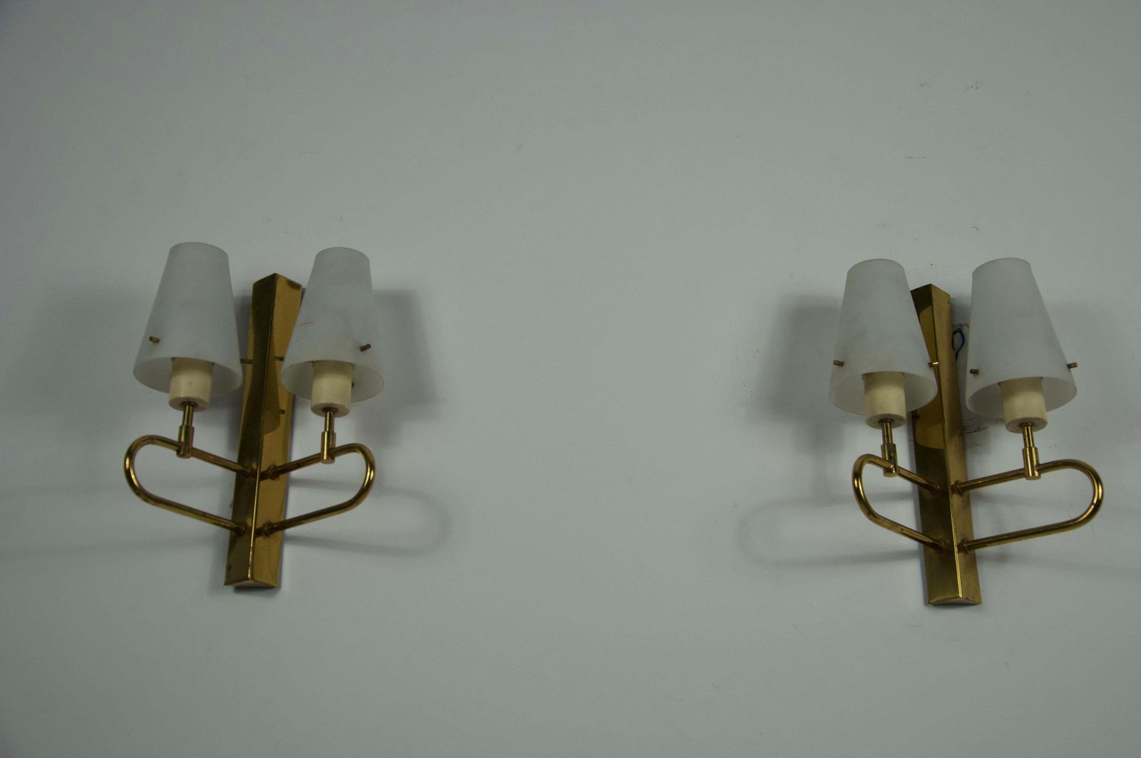 photo furniture Pair Of Brass And Opaline Wall Lamps, Italy, 1960s