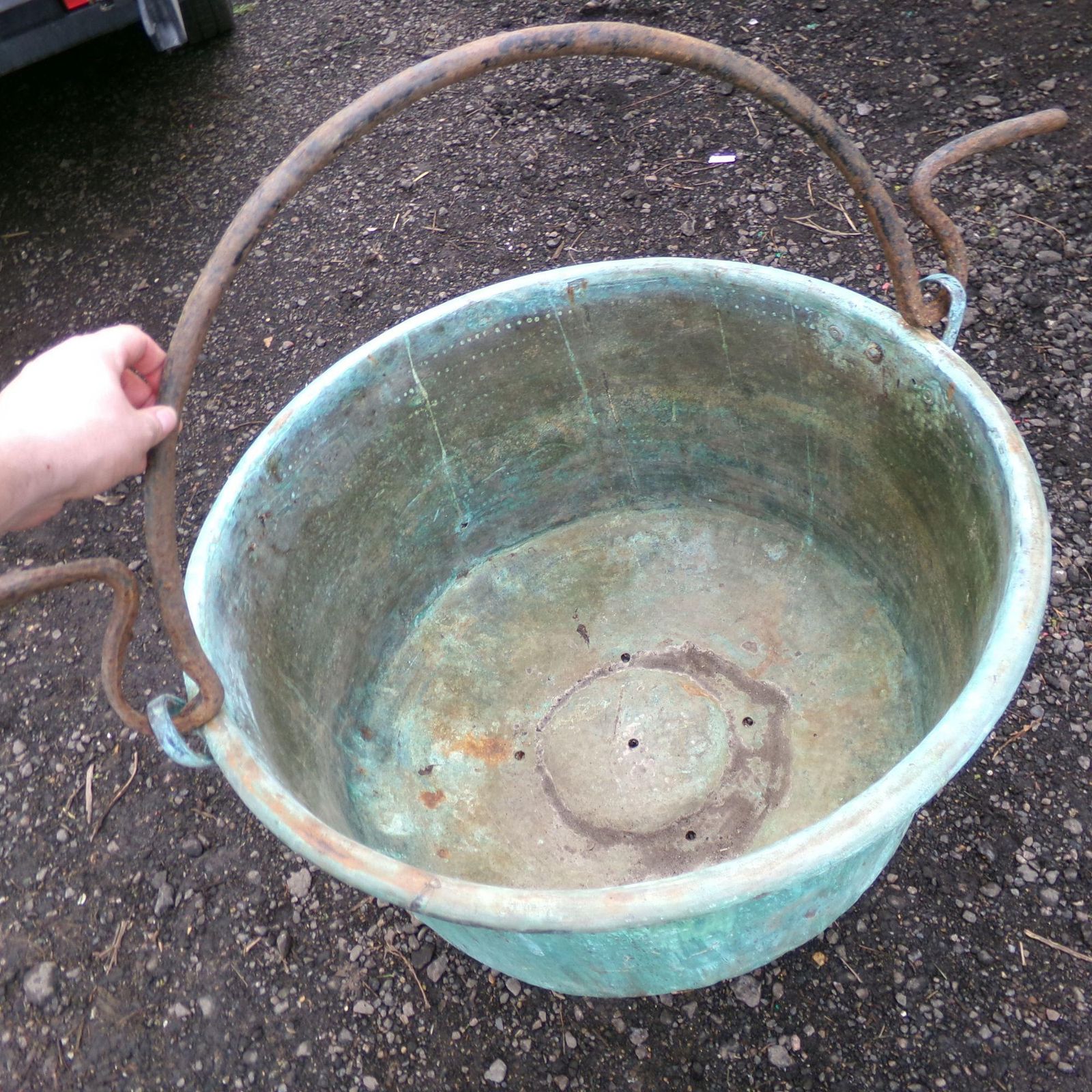 Huge Original Antique Hammered Copper Garden Planter On Wrought Iron Stand W/ Verdigris, Handle & Rivets photo 695.0