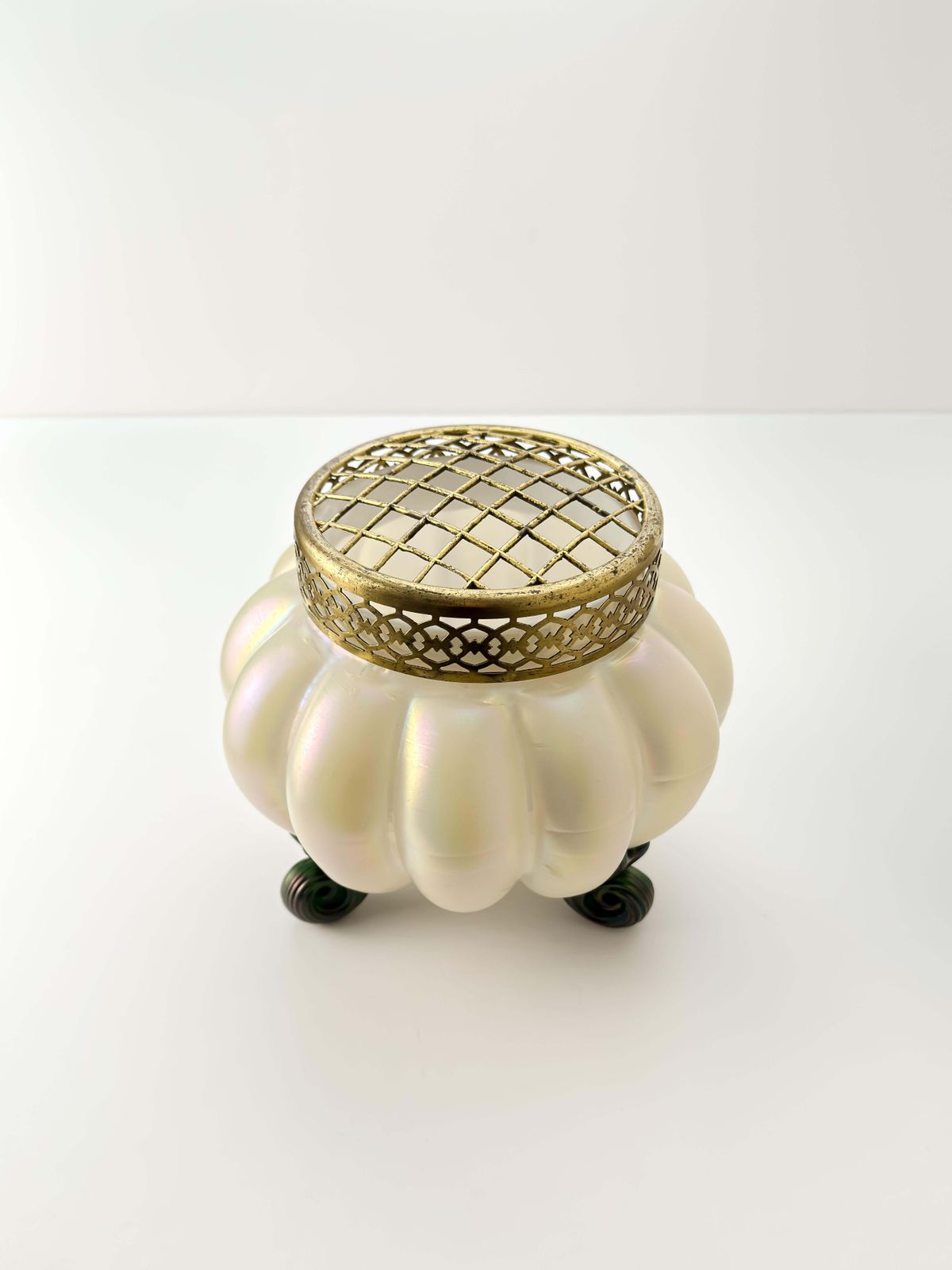 Art Nouveau Pearlescent Glass Rose Bowl Vase By Kralik With Brass Frog, Bohemia photo Home Decor