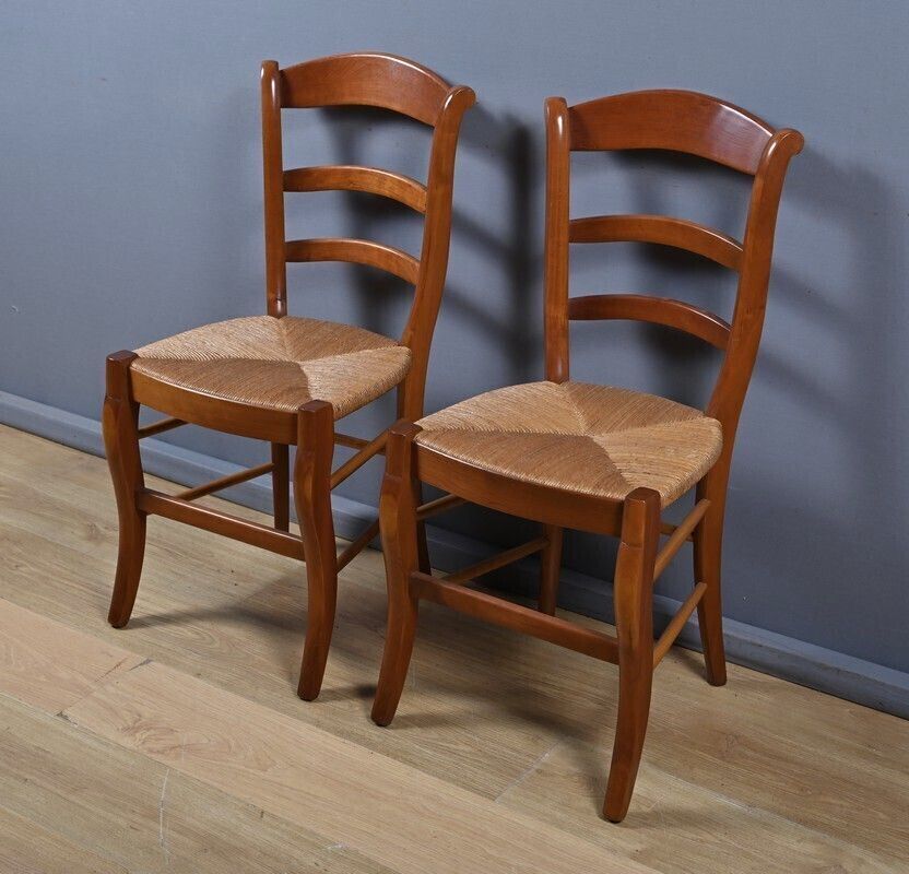 Pair Of Cherrywood Straw Seated Chairs, Restoration Style – Mid 20th Century photo Furniture