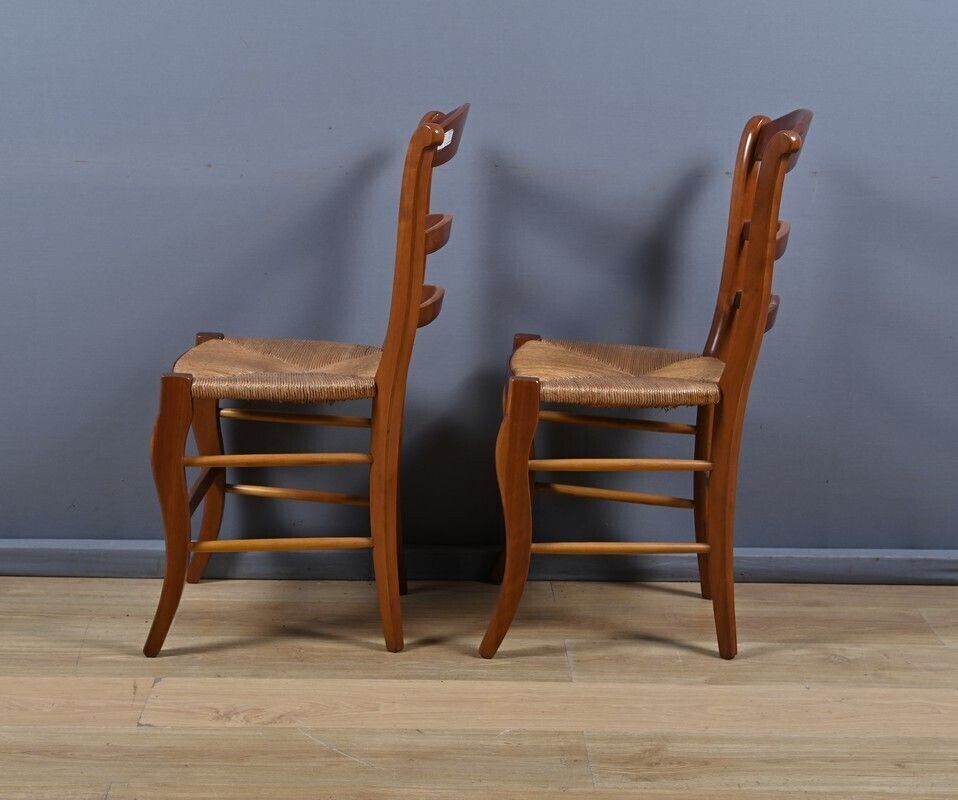 Pair Of Cherrywood Straw Seated Chairs, Restoration Style – Mid 20th Century photo buy