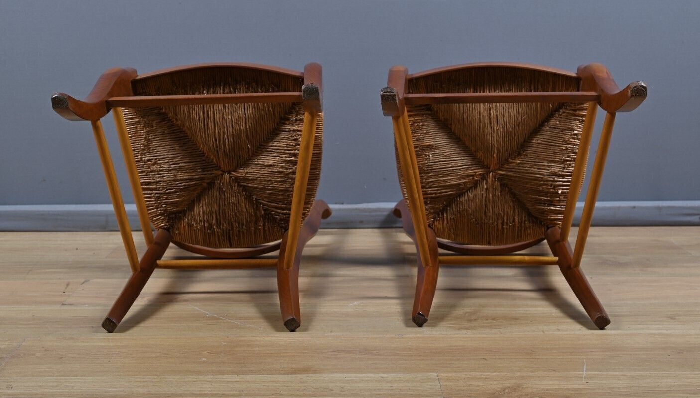 photo buy Pair Of Cherrywood Straw Seated Chairs, Restoration Style – Mid 20th Century