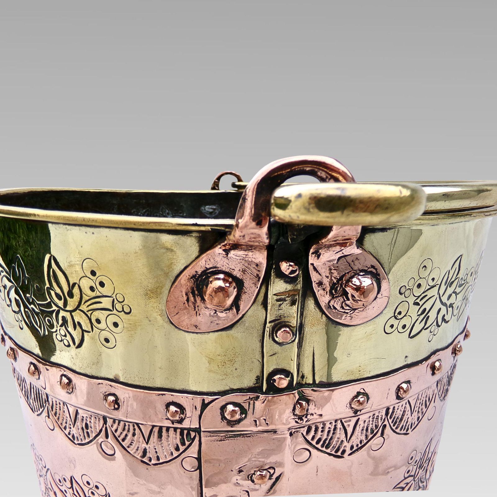 Unusual Antique 19th Century Arts And Crafts Continental Dutch Riveted Copper & Brass Coal Fireplace Log Bucket With Handle photo for sale