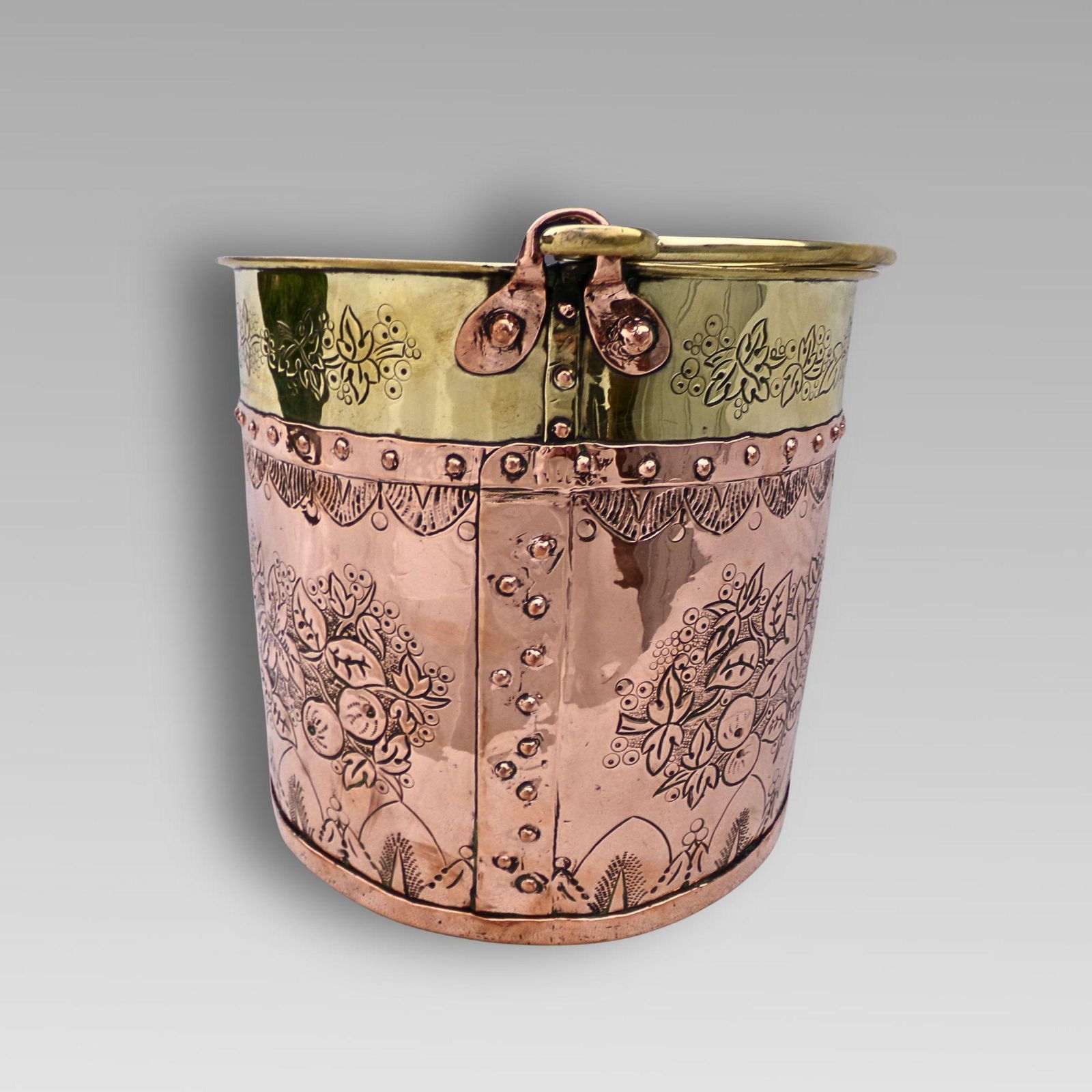 photo furniture Unusual Antique 19th Century Arts And Crafts Continental Dutch Riveted Copper & Brass Coal Fireplace Log Bucket With Handle