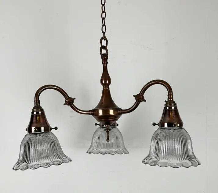 Three Arm Chandelier With Holophane Glass Shades (56220) photo furniture