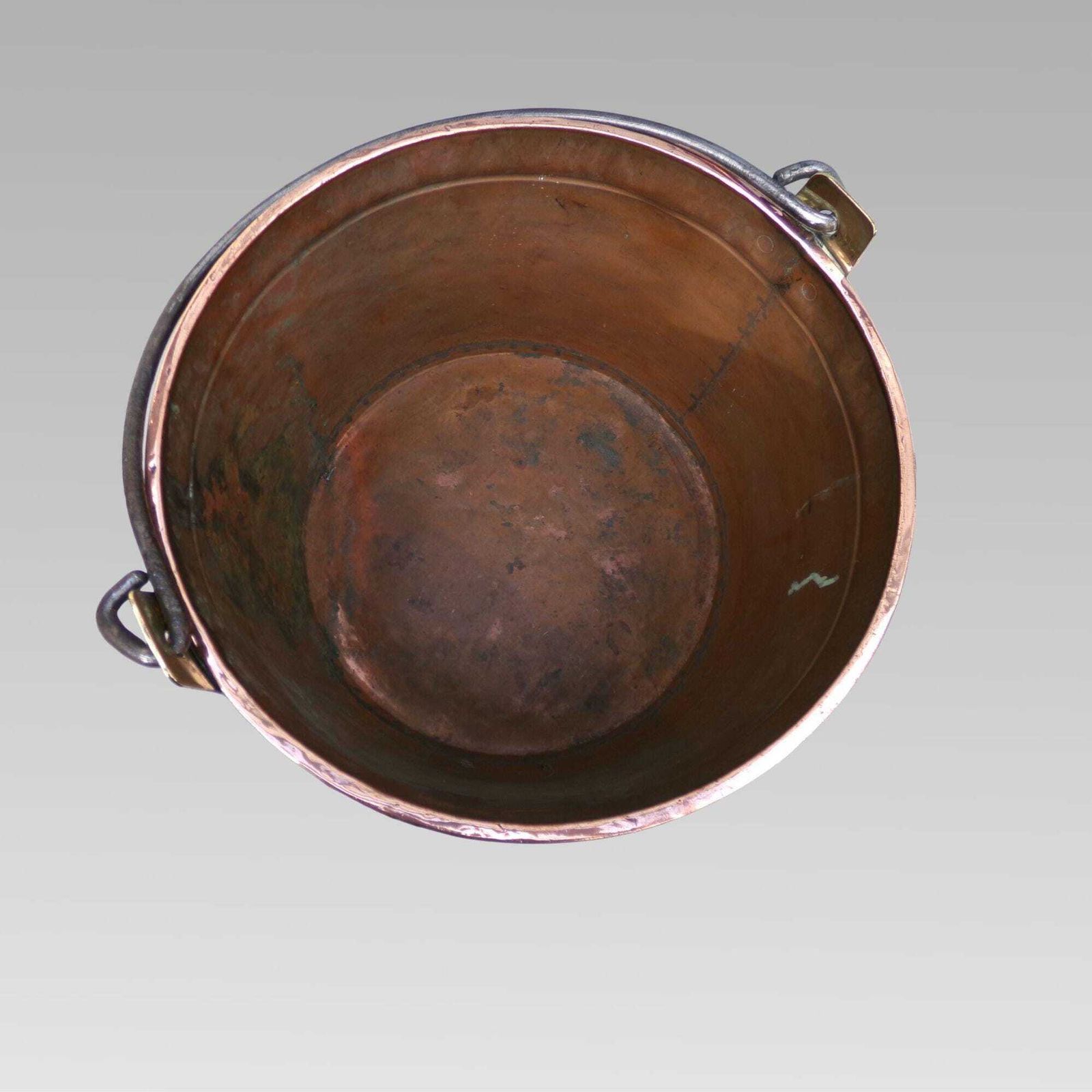 Large Antique 19th Century French Hammered Copper & Brass Wrought Iron Bound Log Bucket With Handle photo vinterior