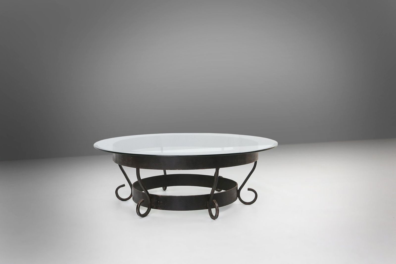 Rustic Round Coffee Table With Wrought Iron Base And Glass Top, France, 1930s