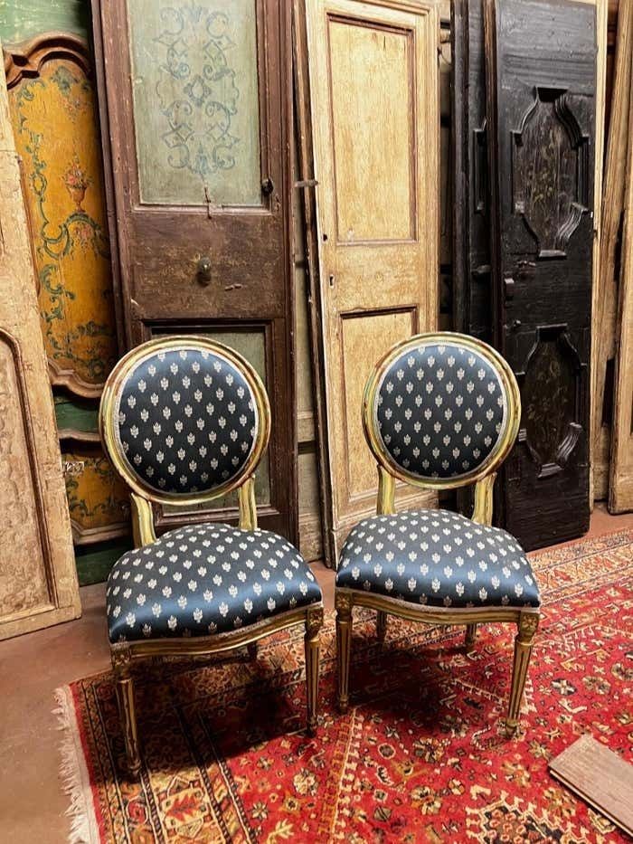 No. 6 Louis XVI Style Chairs, White Lacquer With Blue Lily Fabric, Italy photo vinterior
