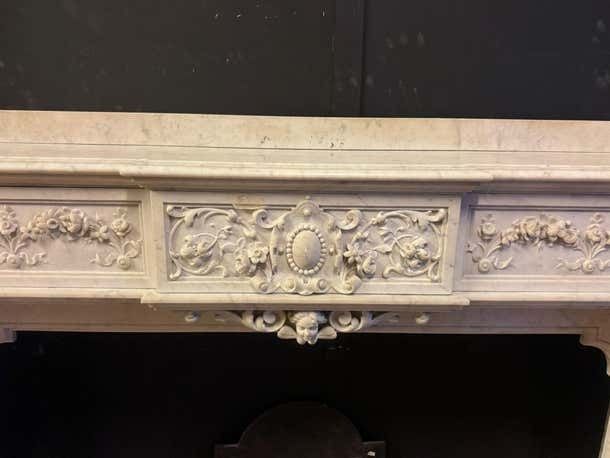 Monumental Fireplace Frame Made Of Richly Carved White Marble, Italy photo vintage