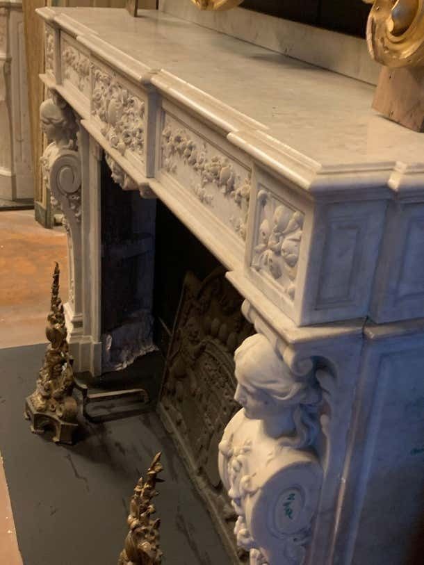 photo for sale Monumental Fireplace Frame Made Of Richly Carved White Marble, Italy