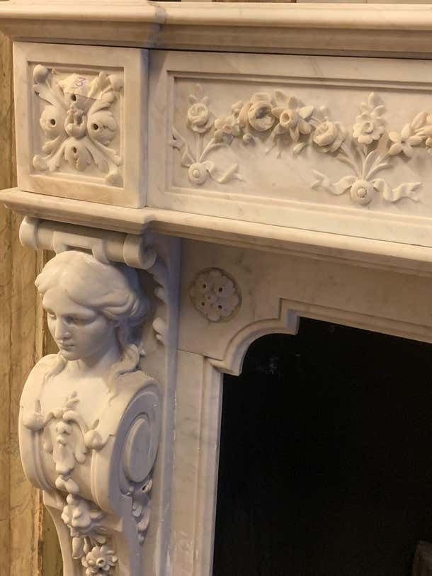 Home Fixtures Monumental Fireplace Frame Made Of Richly Carved White Marble, Italy photo