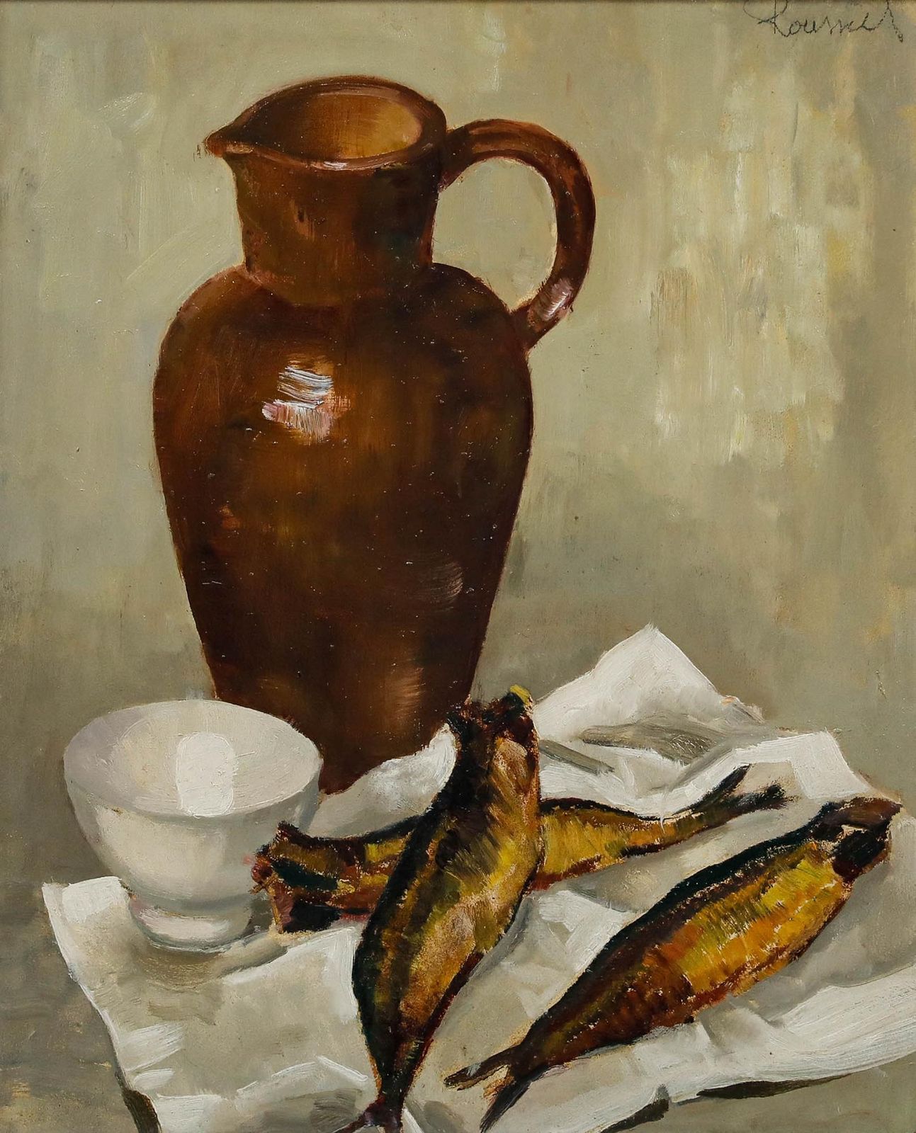 L. Roussiel (1913 1963)   Mid 20th Century Oil, Still Life With Jug And Fish photo furniture