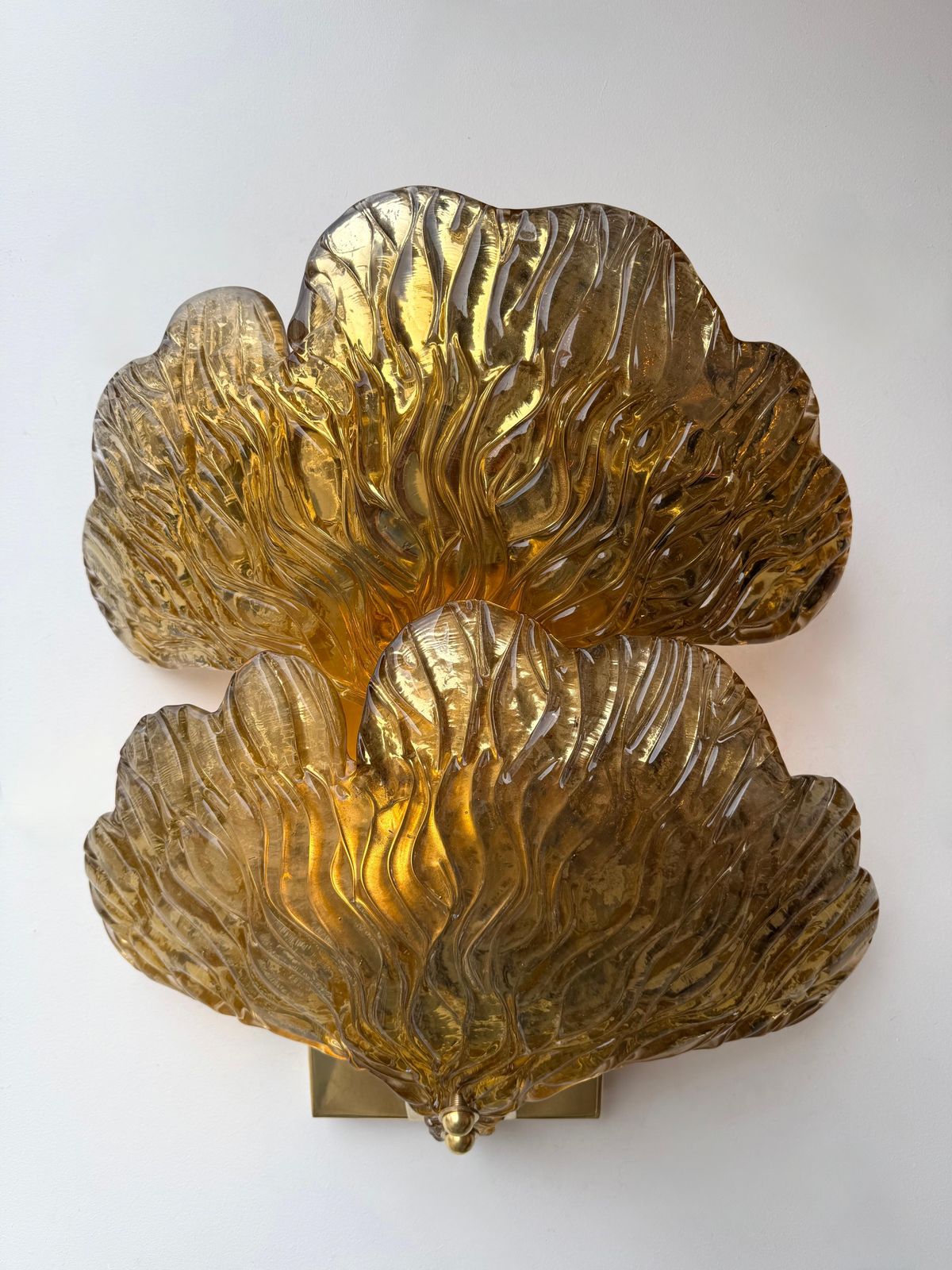 Contemporary Pair Of Brass And Gold Murano Glass Palm Sconces, Italy photo furniture