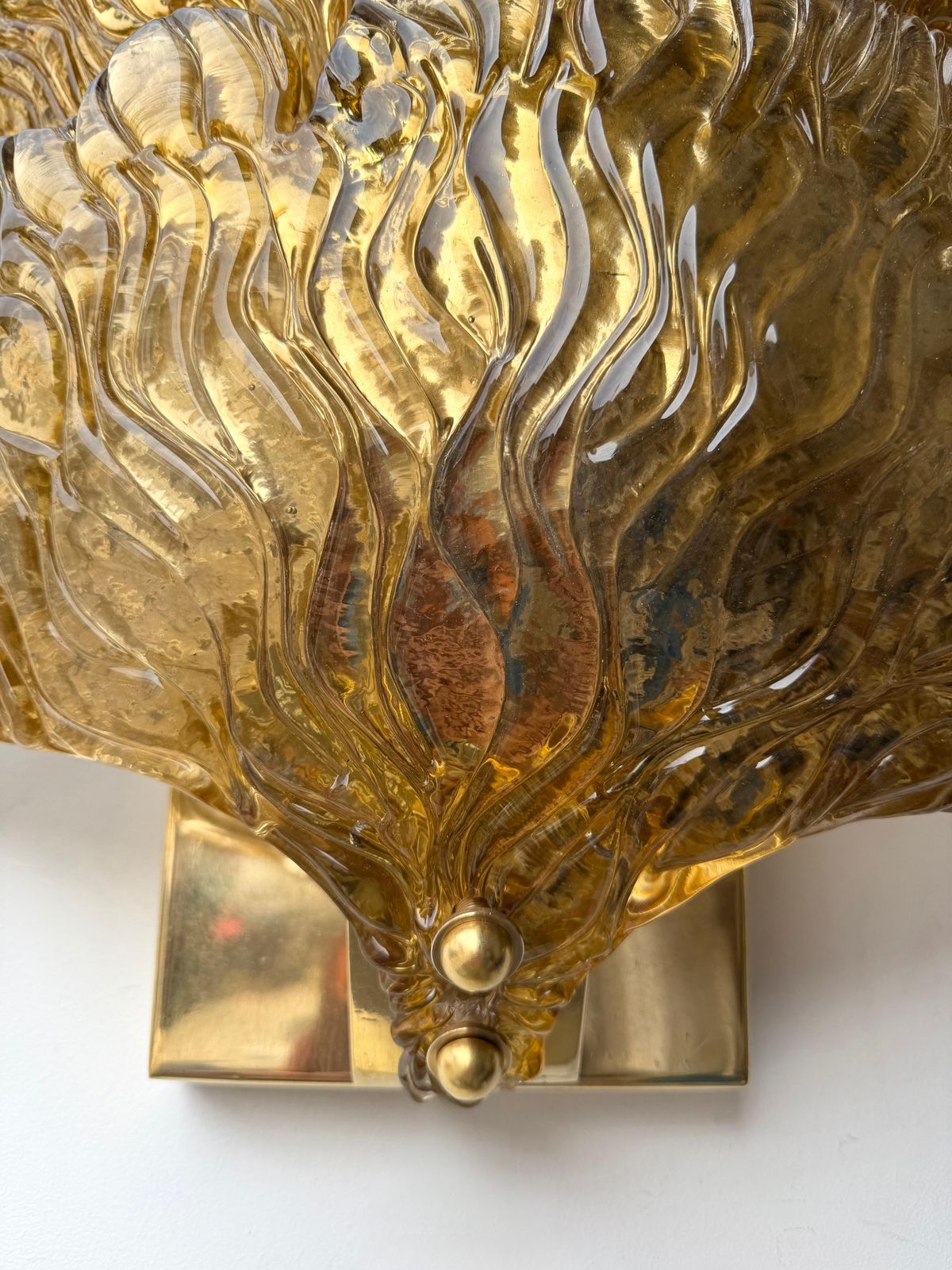 Contemporary Pair Of Brass And Gold Murano Glass Palm Sconces, Italy photo 4680.0