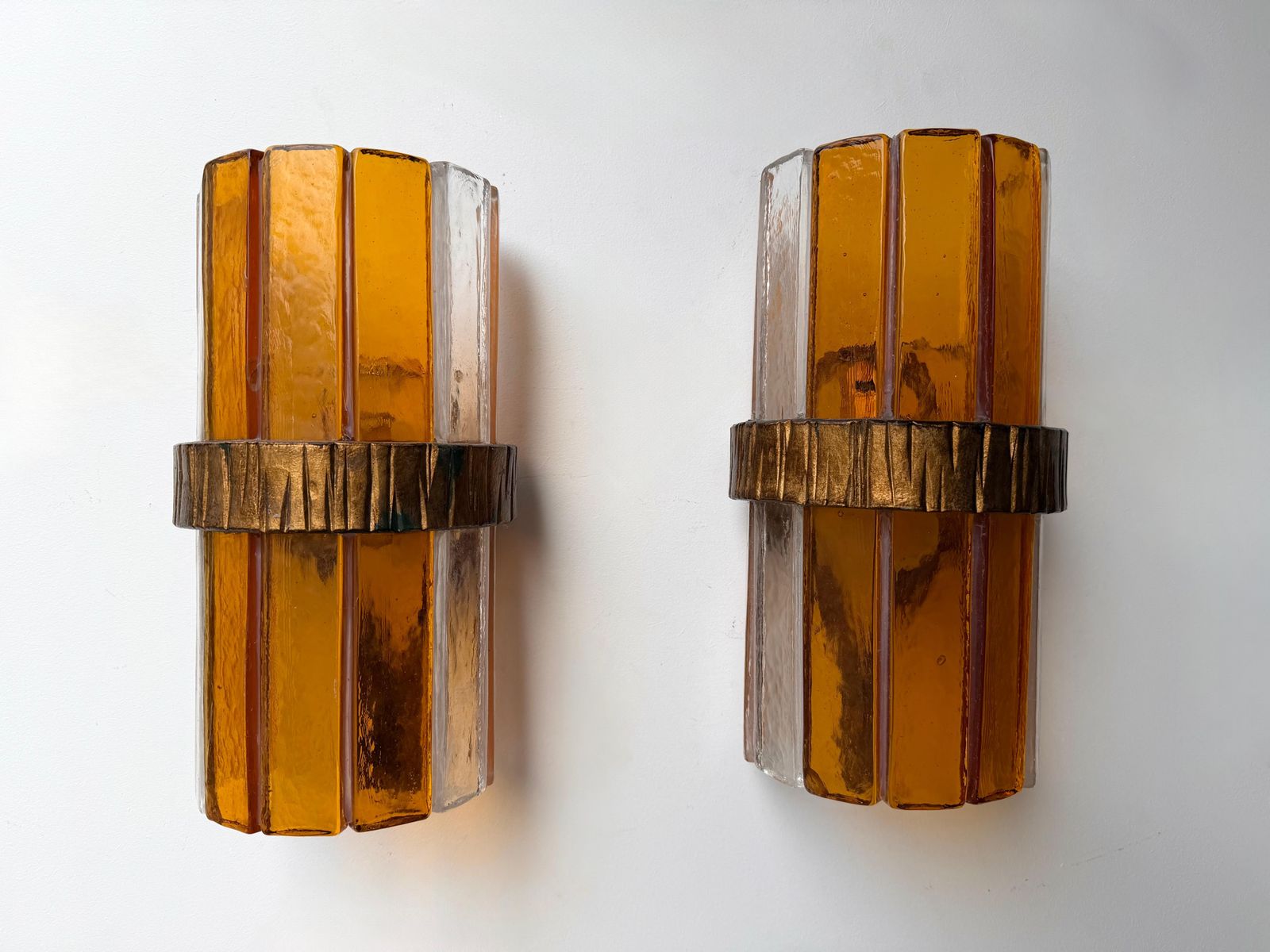 Pair Of Amber Glass Hammered Wrought Iron Sconces By Longobard, Italy, 1970s photo furniture
