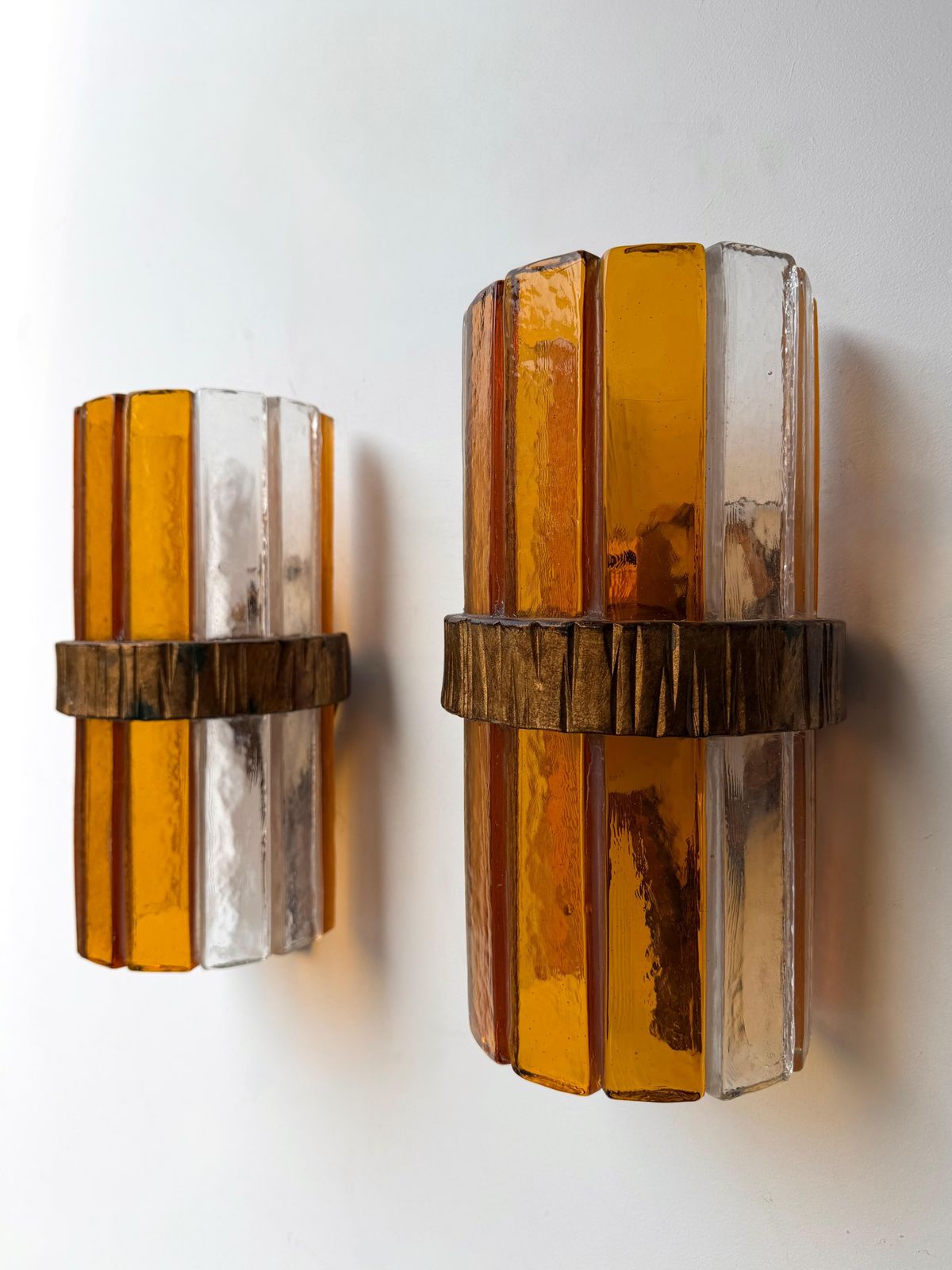Pair Of Amber Glass Hammered Wrought Iron Sconces By Longobard, Italy, 1970s photo Lighting