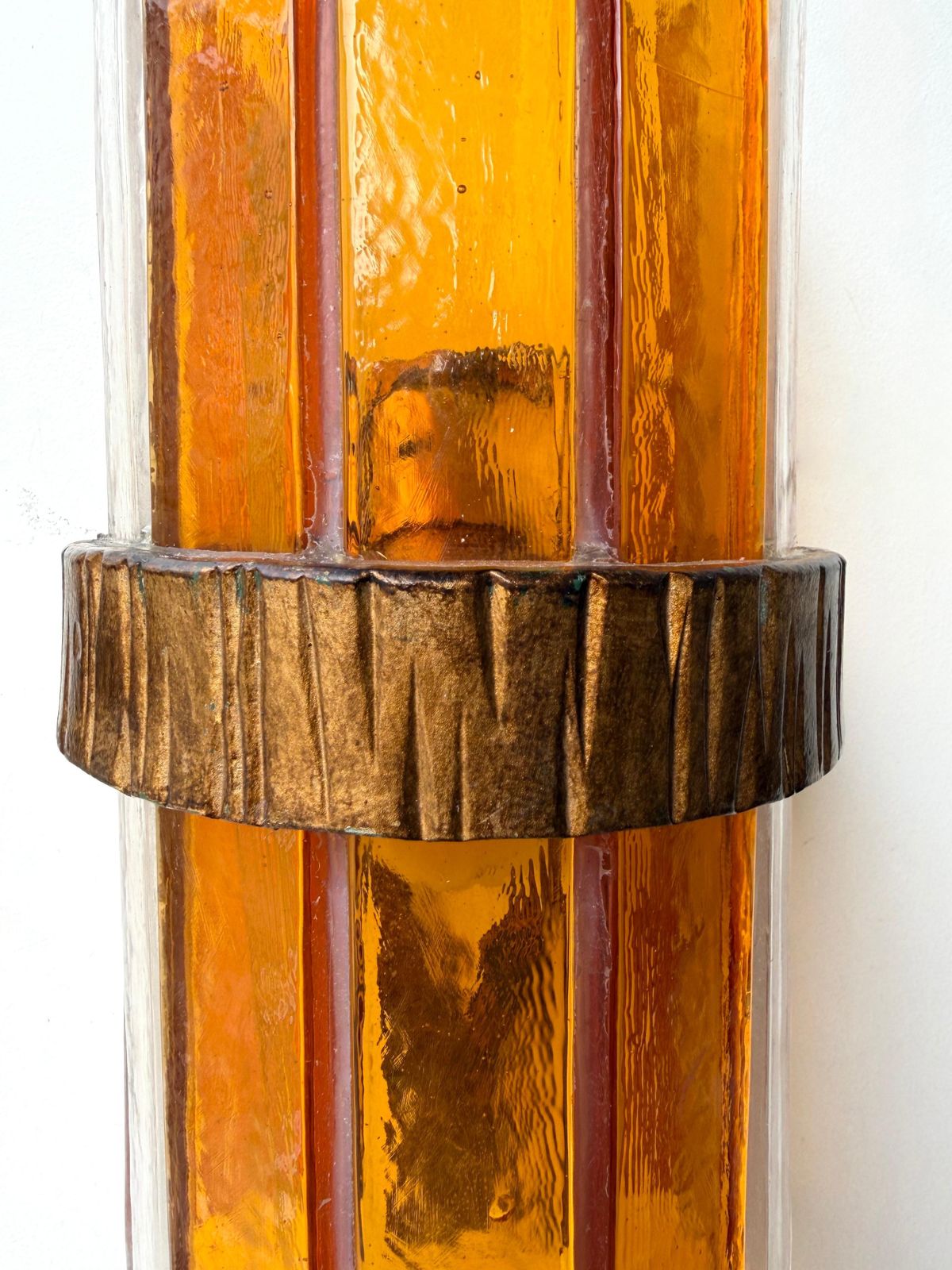Pair Of Amber Glass Hammered Wrought Iron Sconces By Longobard, Italy, 1970s photo 4431.0