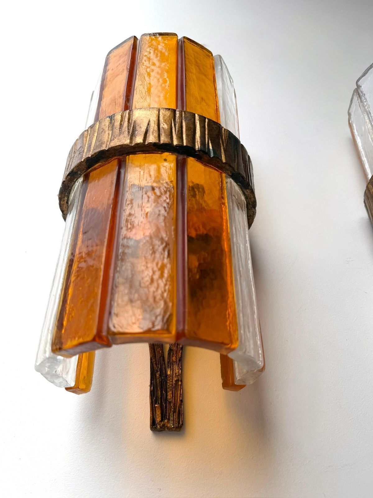 Pair Of Amber Glass Hammered Wrought Iron Sconces By Longobard, Italy, 1970s photo buy