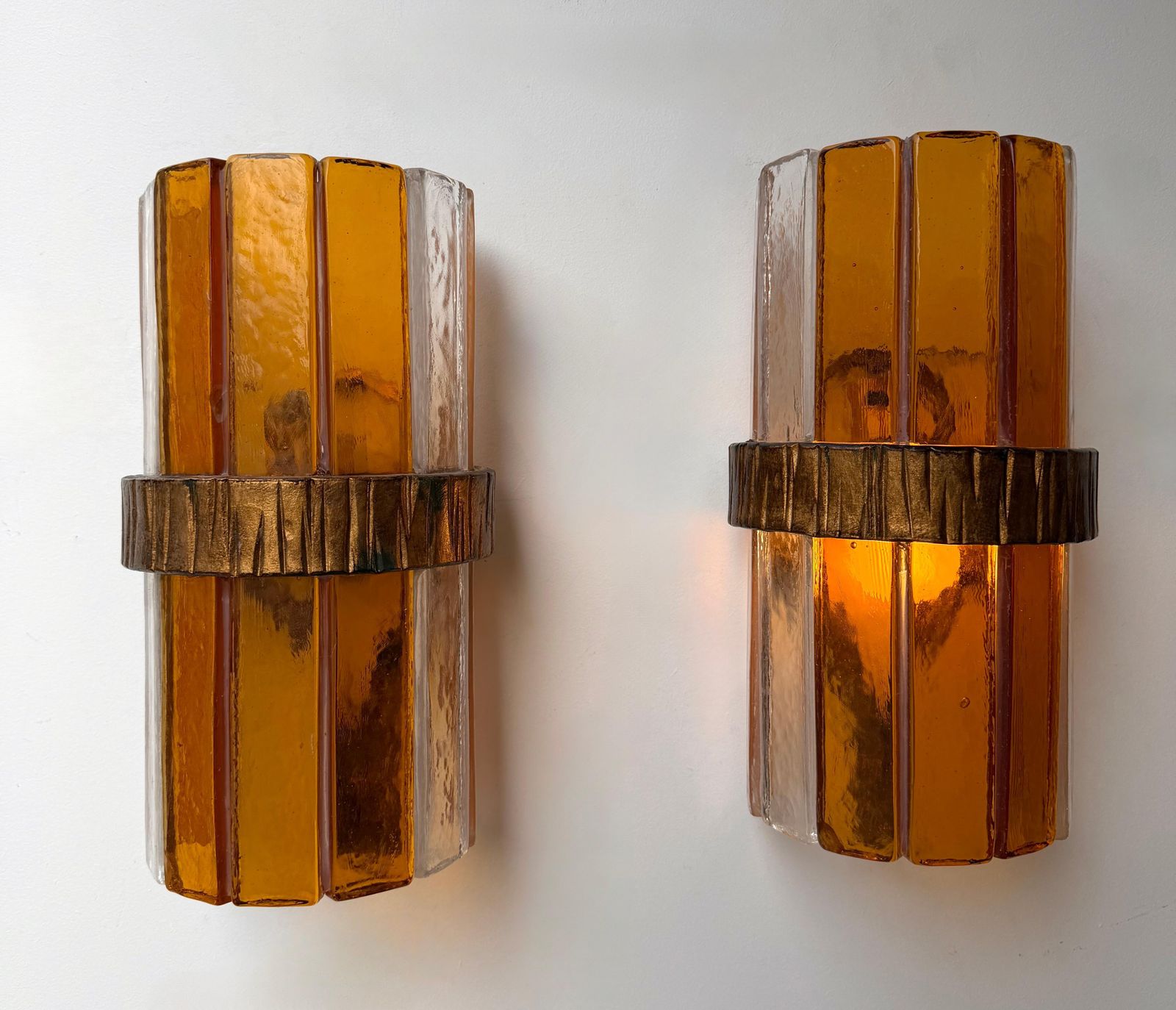 photo furniture Pair Of Amber Glass Hammered Wrought Iron Sconces By Longobard, Italy, 1970s