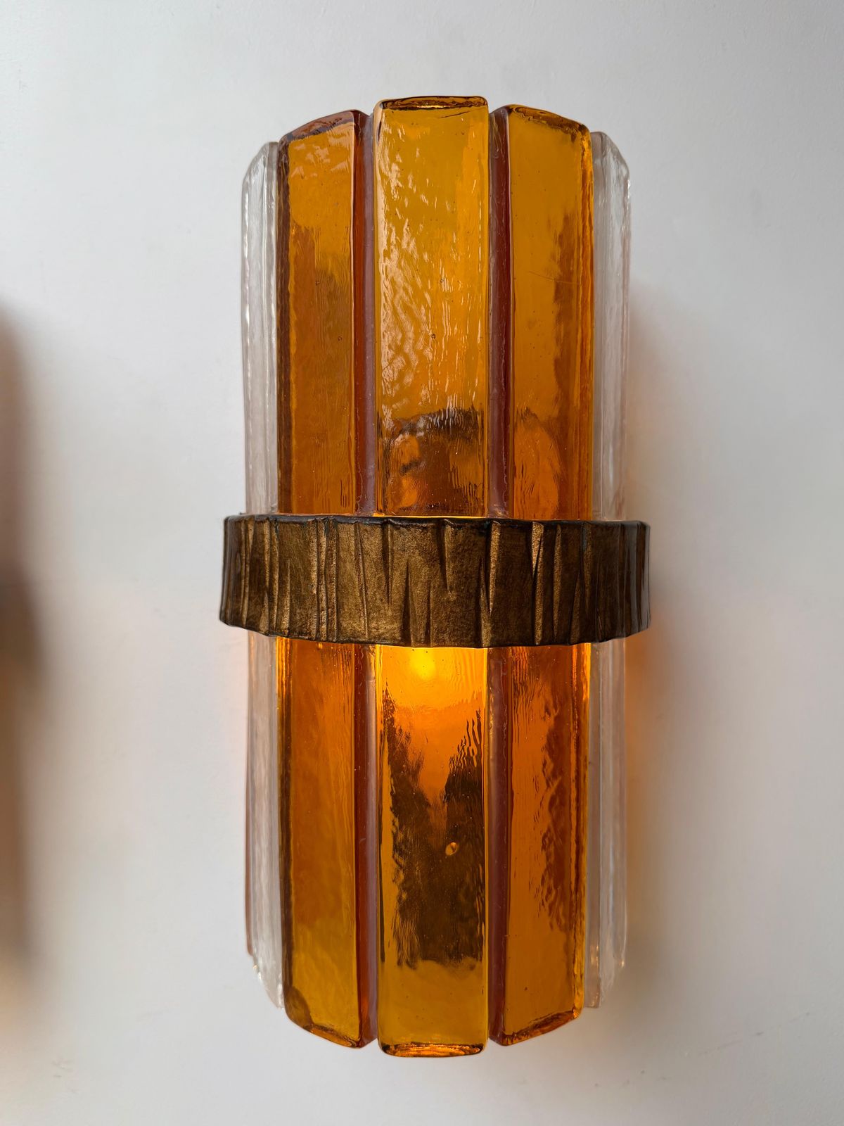 Lighting Pair Of Amber Glass Hammered Wrought Iron Sconces By Longobard, Italy, 1970s photo