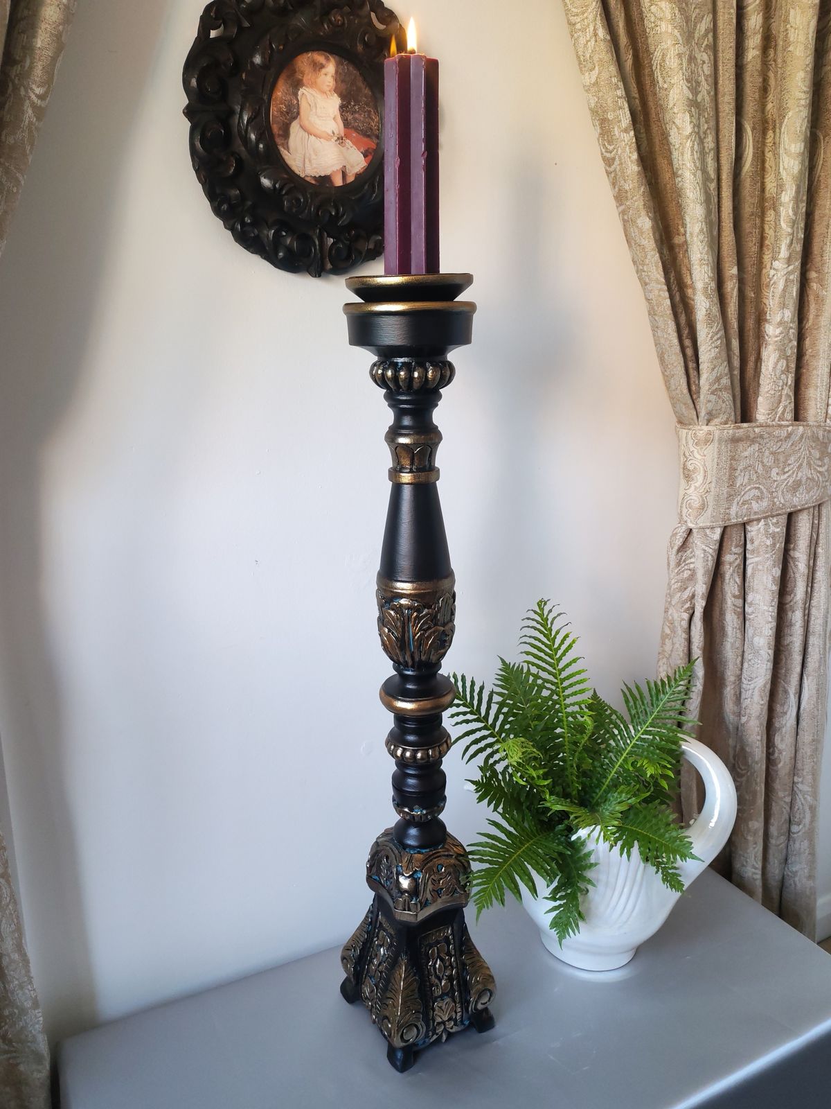 Tall 85cm Ornate Solid Wood Floor Candle Holder, Copper & Verdigris Patina, Upcycled