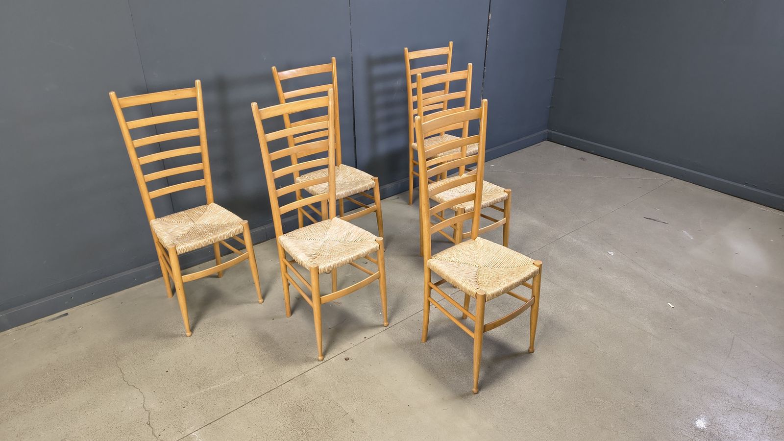 Furniture Set Of 6 Beech Wood Italian Ladder Back Chairs, 1970s photo